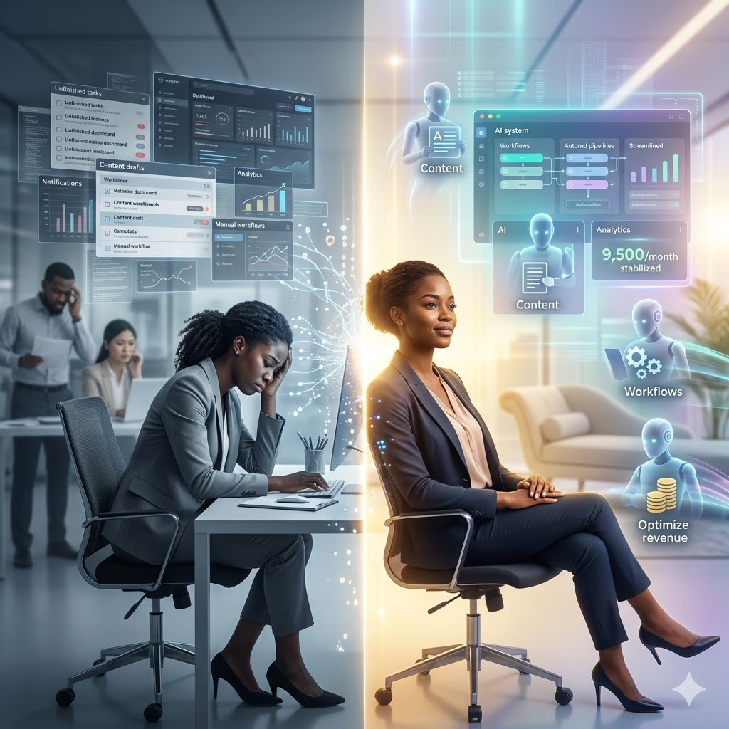 You are currently viewing The Hidden Cost of Building an AI Business Alone — And the Automation System That Gives You Your Life Back