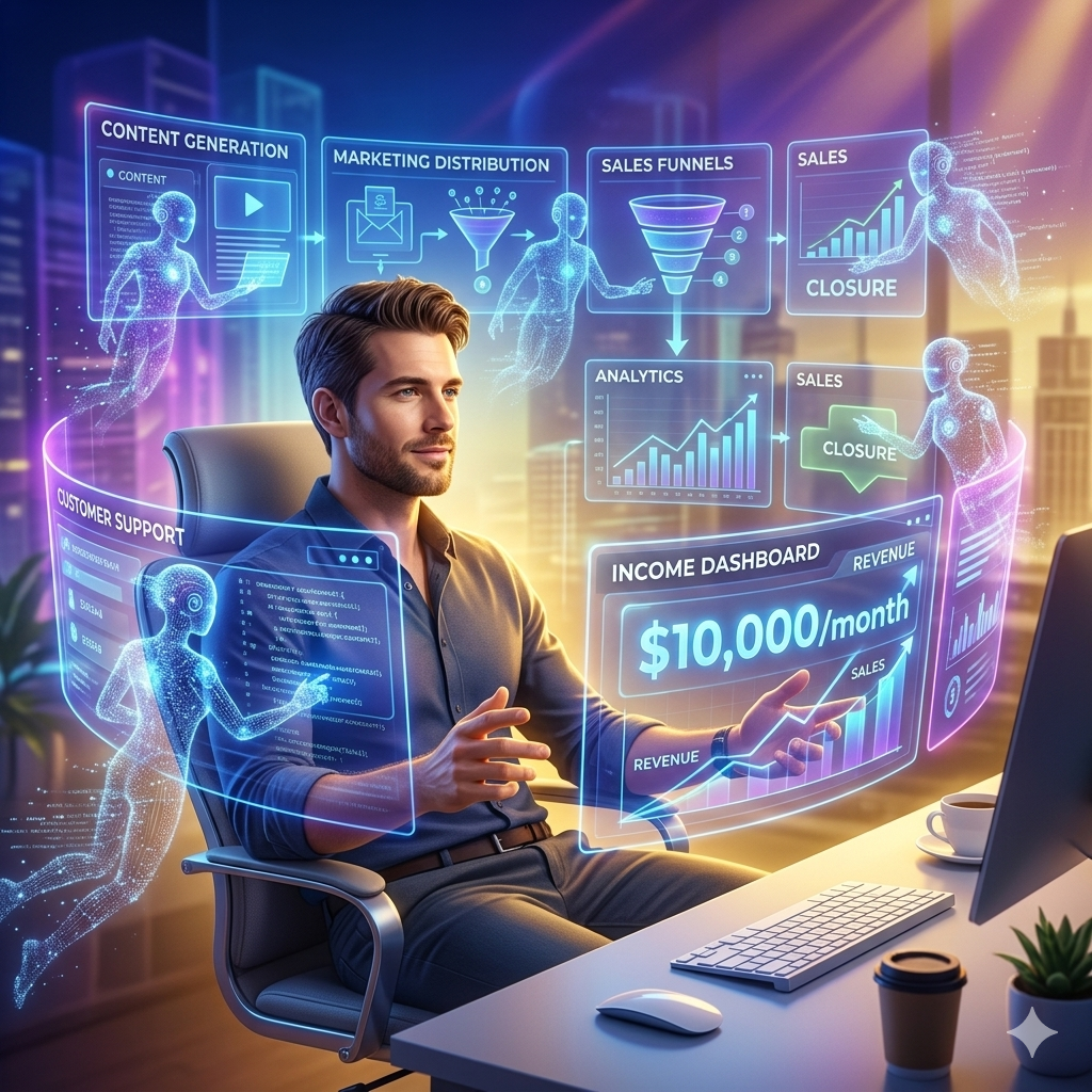 You are currently viewing How to Build a 1-Person Business With AI Agents and Make $10K a Month Without Writing a Single Word