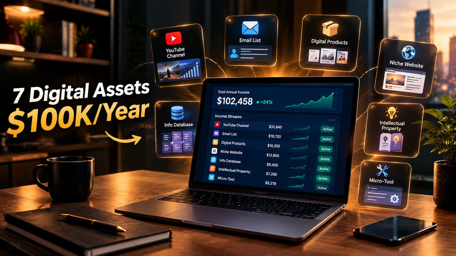 You are currently viewing 7 Digital Assets That Can Keep Paying You — The $100K/Year Stack